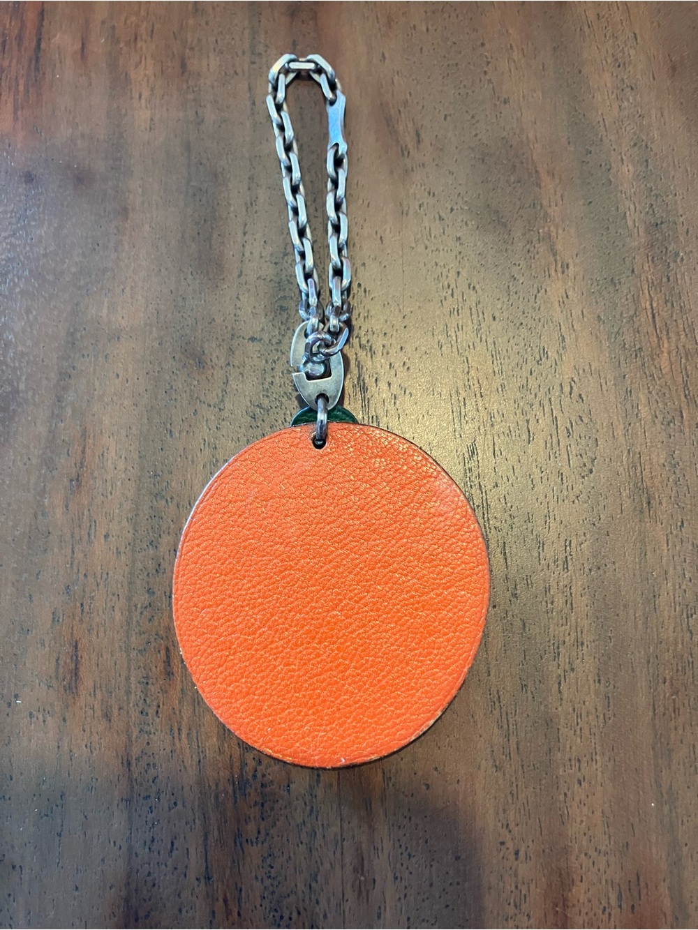 Hermes Orange Round Leather Key chain or purse charm.Chain 9.25 silver chain - Picture 4 of 4